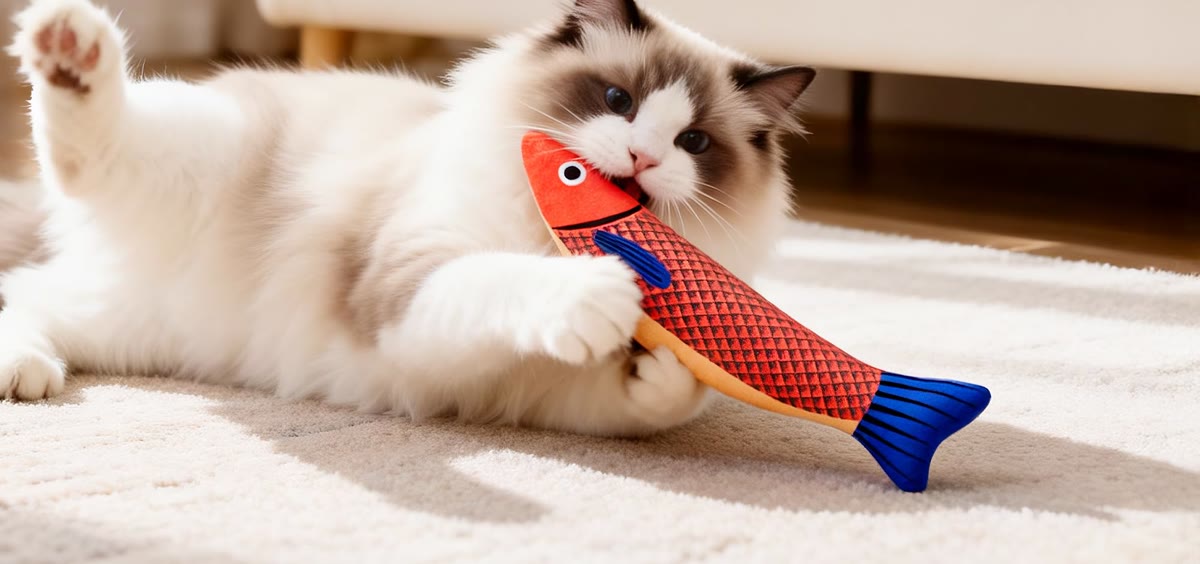 Chat qui mord son poisson Pounce sur le tapis