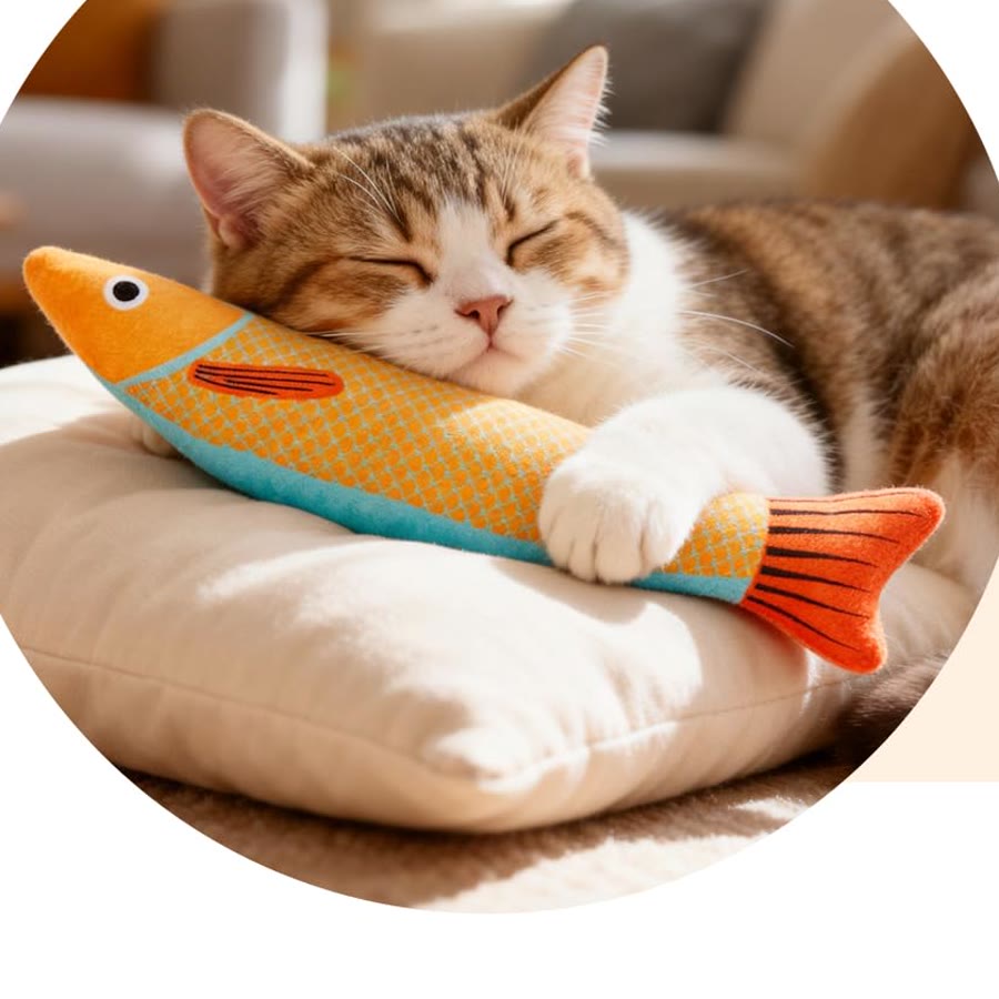 Chat endormi qui serre son poisson Pounce